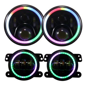 Cały zestaw 2 szt. 7-calowy reflektor LED RGB i 2 szt. 4-calowy reflektor przeciwmgłowy RGB